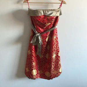Strapless, red and gold dress
